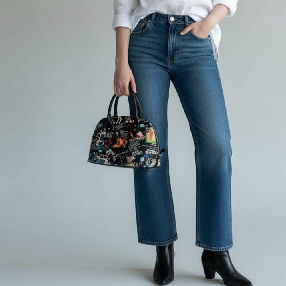Galian Magazine Cover Collage Dome Satchel Bag Sz M Black Multi Faux Leather